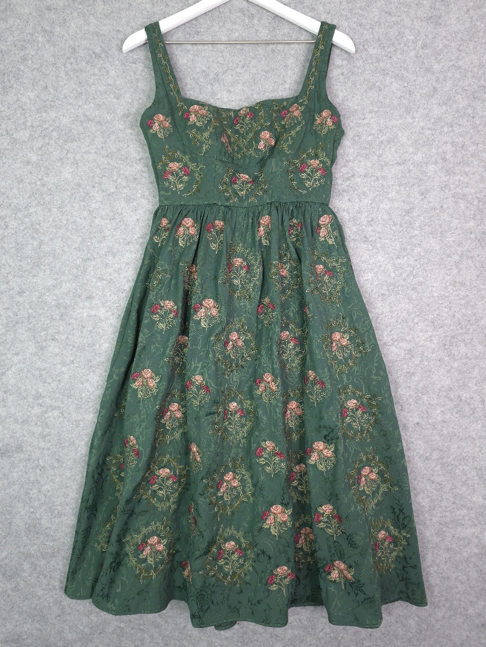 Agua Bendita Miramar Memoria Green Floral Embroidered Midi Dress Square Neck - Picture 6 of 15